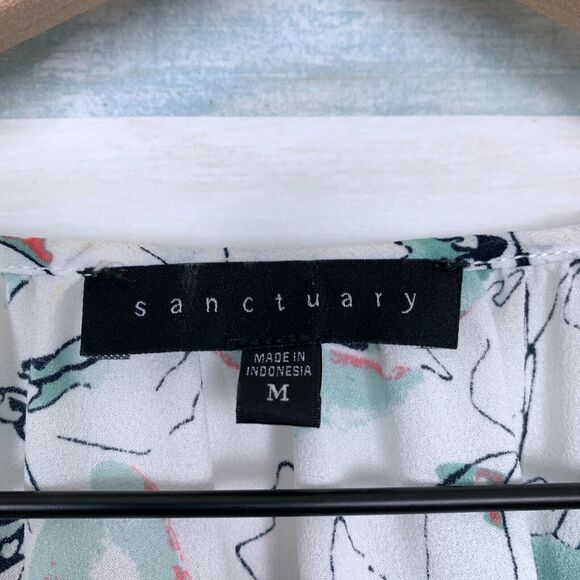 Sanctuary Floral Peasant Tie Neck Blouse White Green Tassel Casual Womens Medium - Picture 5 of 6